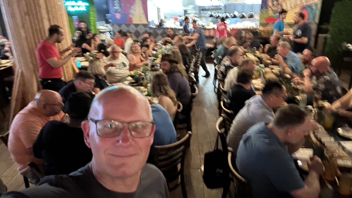 HETMA_org's tweet photo. And…. the annual “unofficial” HETMA dinner!!! I’m so thankful for this group of volunteers who made this week such a huge success!! … Yep, 50 of them!!! FIFTY!!! 

#InfoComm23 #LifesABeach #HETMA23 #AVTweeps @AVIXA @infocomm https://t.co/RnuWjPXayG