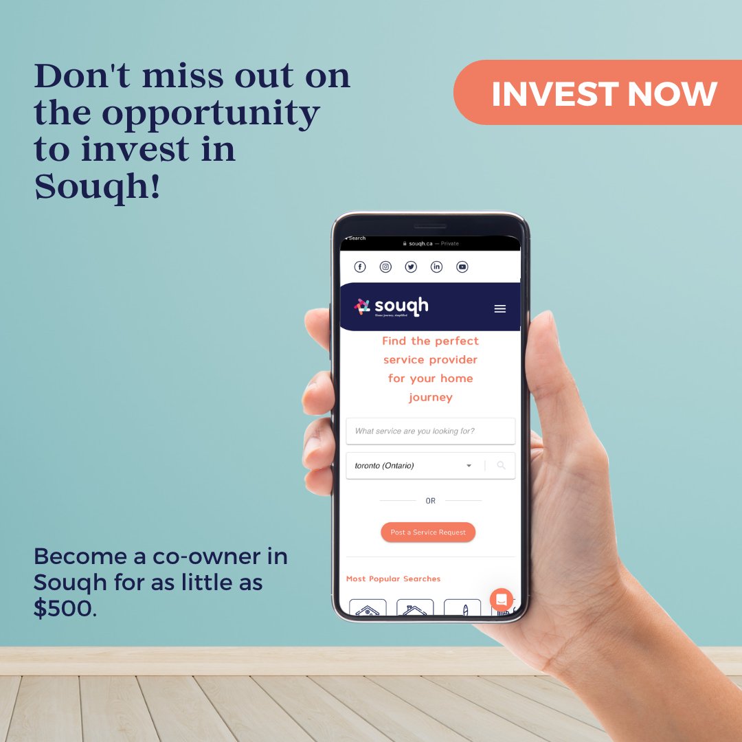 🚀 Become a CO-OWNER in Souqh for as little as $500! 💸

🌟 Join our crowdfunding campaign today and support our mission to simplify the home ownership experience for Canadians! 🏠🇨🇦

#Souqh #CoOwnership #InvestmentOpportunity #Crowdfunding #HomeOwnership #Simplify #Canada