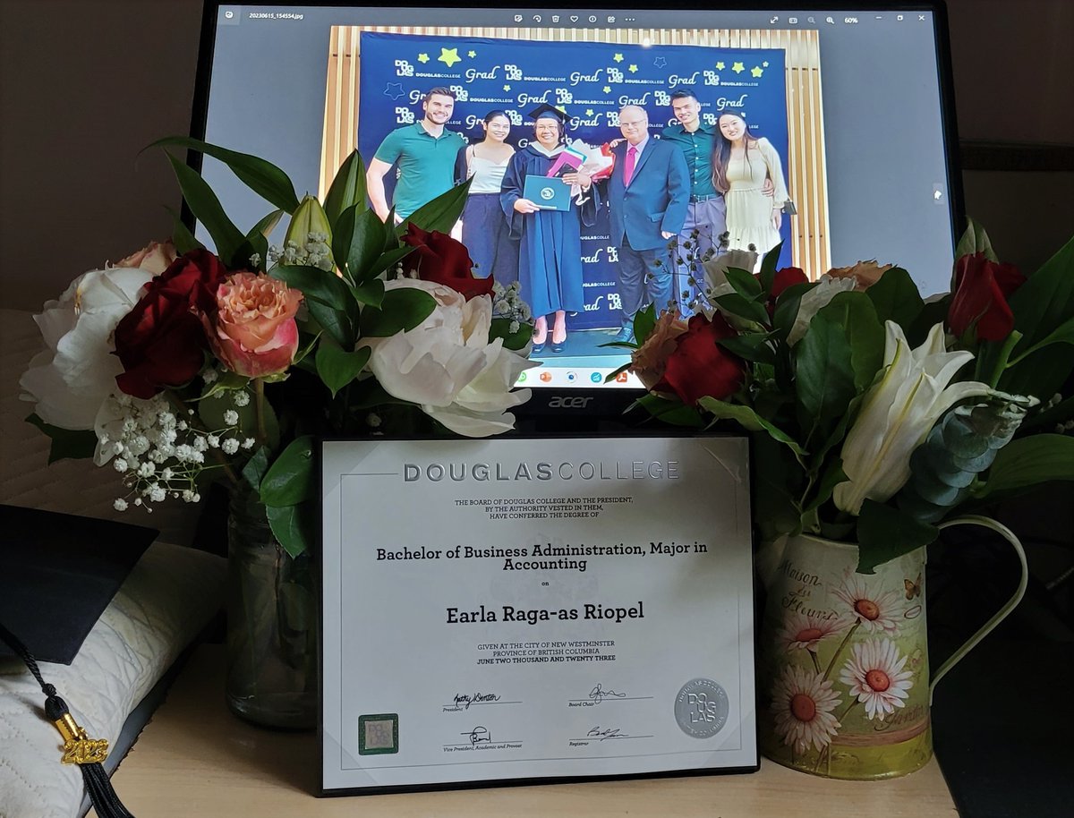 EarlaRiopel's tweet photo. The moment of truth. Finally graduated from #DouglasCollege's BBA-Accounting-15June23! So far, collected 165.5 credits since 2019 (incl.#UBC transfers-18 credits). Next,post-degree programs (Marketing/Personal Finance)!#USCPAexamGrandfatheredStatus or not, I got 150hrs+credits!🥰 https://t.co/zBivQqRMdS