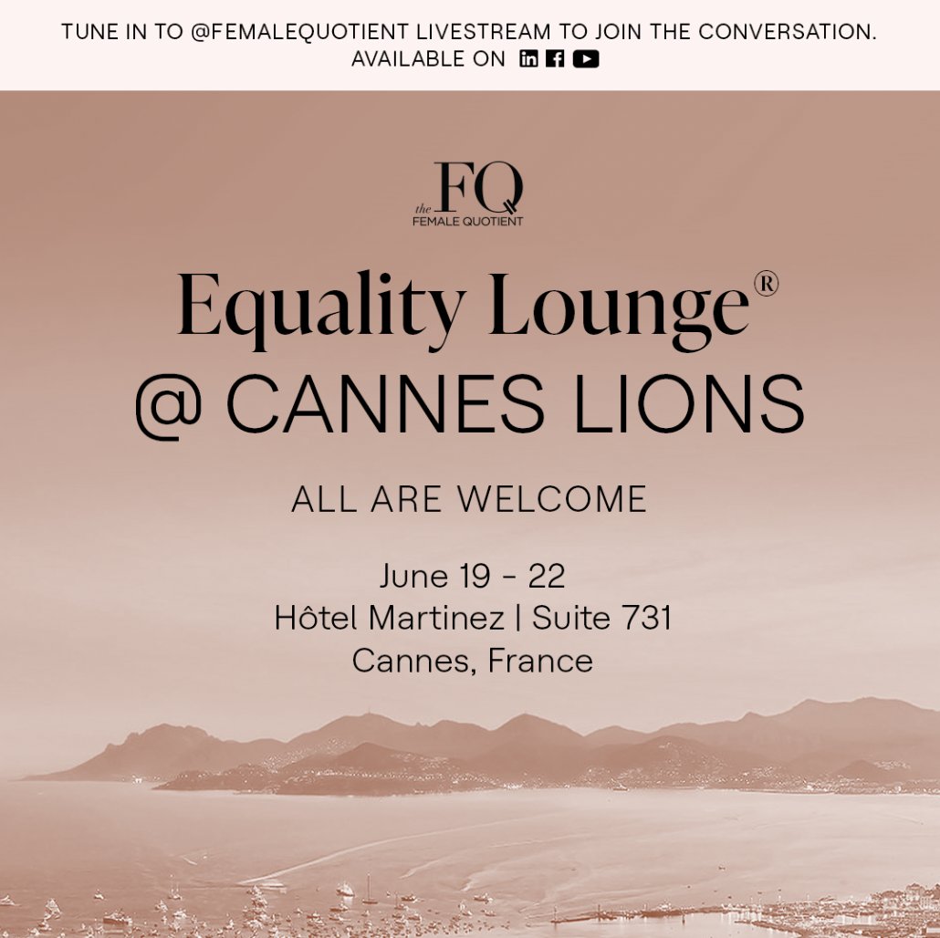 The Female Quotient (@femalequotient) on Twitter photo Why are we waiting 132 years to close the gender gap?
RSVP to join us in the #EqualityLounge at #CannesLions2023 and see all of the inspirational and impactful sessions we have planned for our community of conscious leaders. We hope to see you there! thefemalequotient.equalitylounge.com/equalitylounge… Why are we waiting 132 years to close the gender gap?
RSVP to join us in the #EqualityLounge at #CannesLions2023 and see all of the inspirational and impactful sessions we have planned for our community of conscious leaders. We hope to see you there! thefemalequotient.equalitylounge.com/equalitylounge…