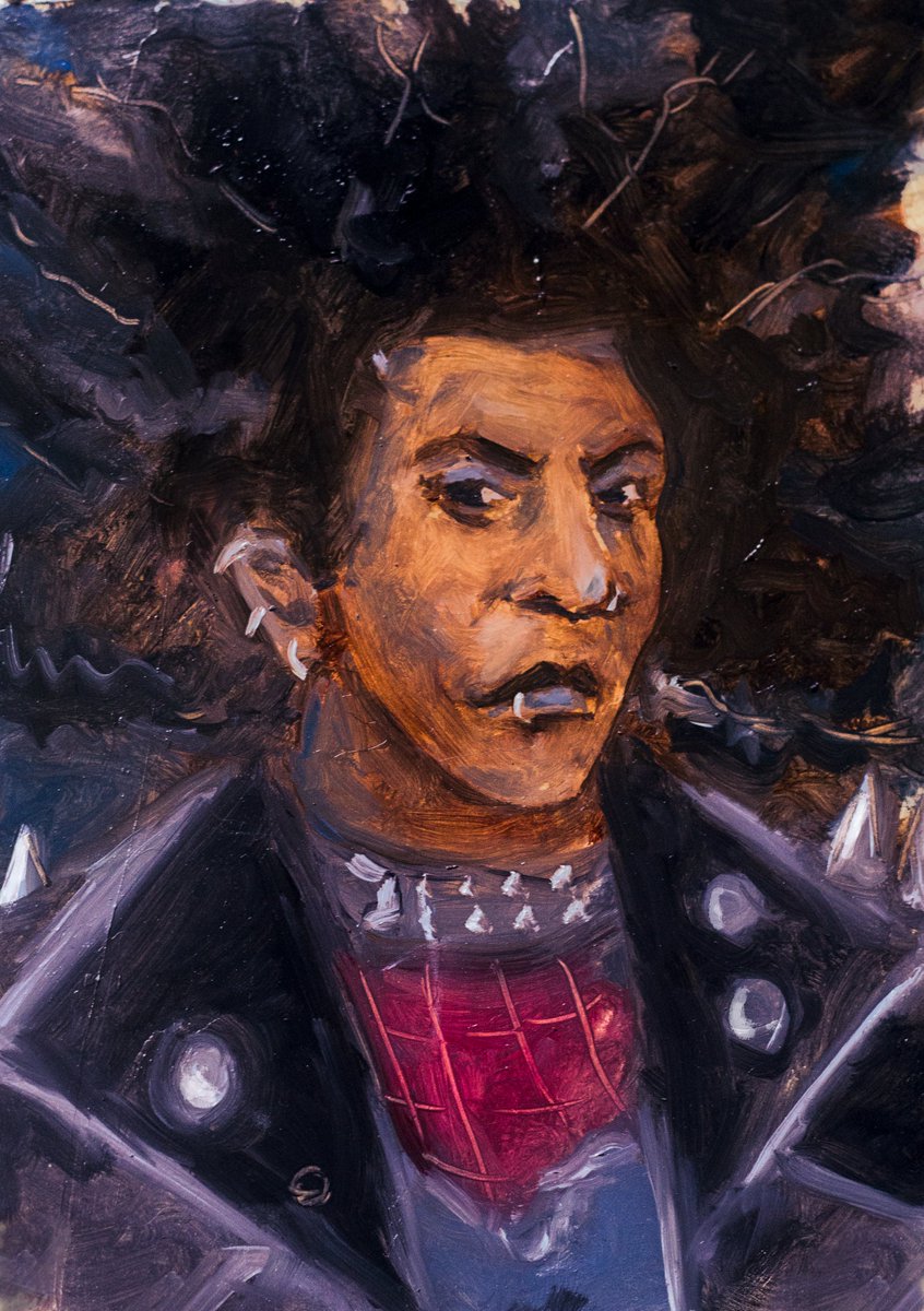 giotefeli's tweet photo. Spider Punk, oil on paper.
#SpiderManAcrossTheSpiderVerse 
#Spiderpunk #HobieBrown #oilpainting https://t.co/mlbIKa5II9