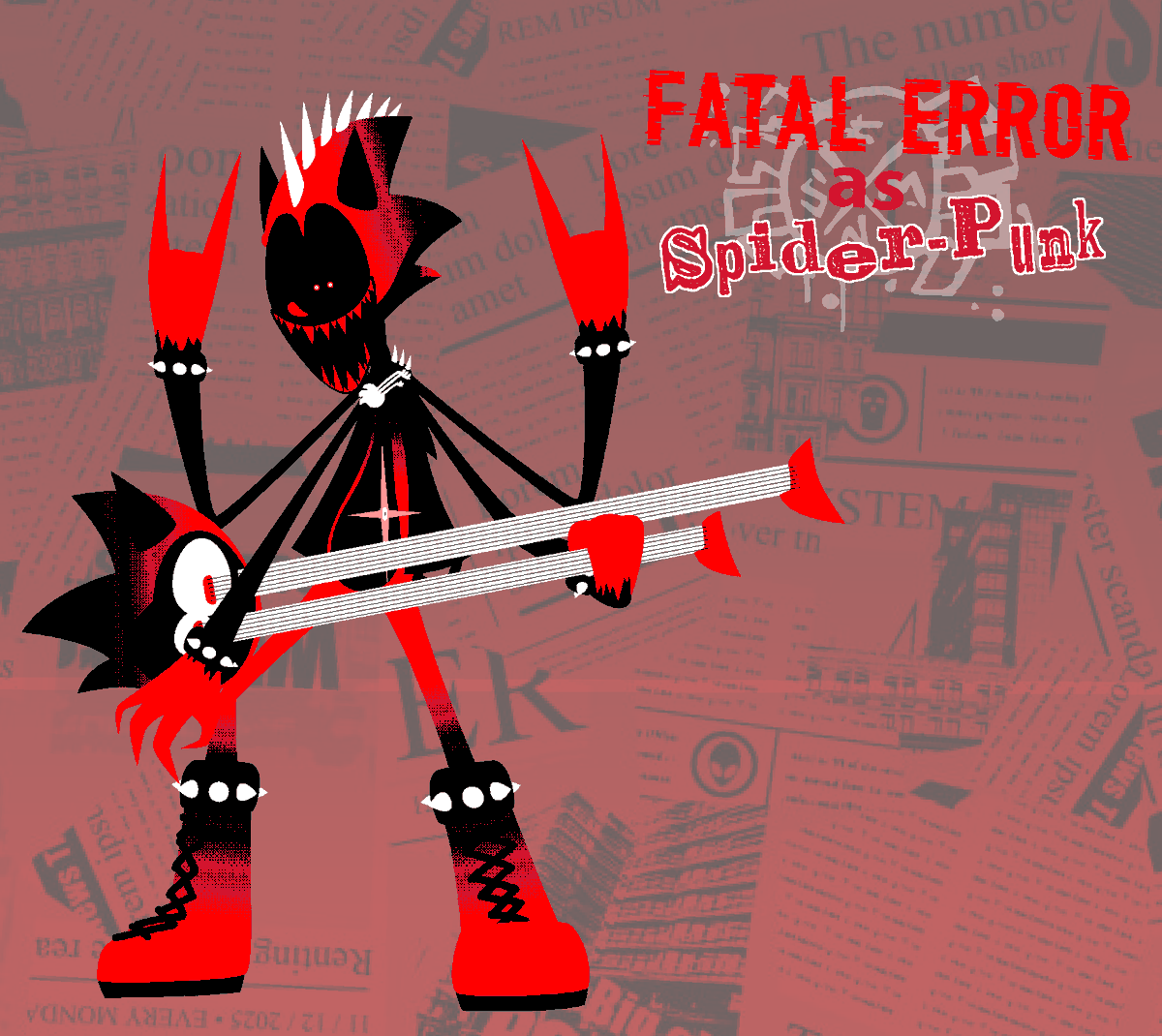 I've really loved the idea of the Spiderverse but its exes, and ik Fatal isn't an exe anymore but he interacts with exes so this still works.

and I've been adamant about who I think he would fit as, so I did this.

Fatal as Spider-Punk.
enjoy mates.

#fatalerrorsweep