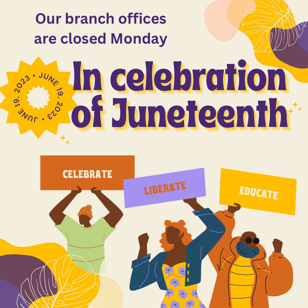 MariSol_FCU's tweet photo. We want to inform our valued members that MariSol will be closed on Monday, June 19th, in observance of Juneteenth.

Juneteenth is a significant day in American history that commemorates the emancipation of enslaved African Americans.

+ https://t.co/70h6nnGX8K