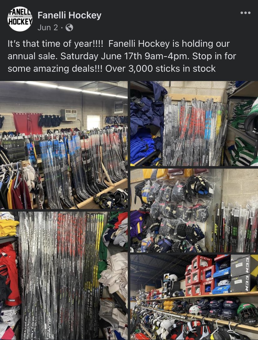 rice_bus's tweet photo. FANELLI HOCKEY SUPER SALE 700 N Mountain Road IN NEWINGTON TOMORROW 6/17/23 9:00AM-4:00PM!!!! @CTHKReportJesse @CTHKReportChris @CTHSHockeyDB https://t.co/5XA5vMmaCX