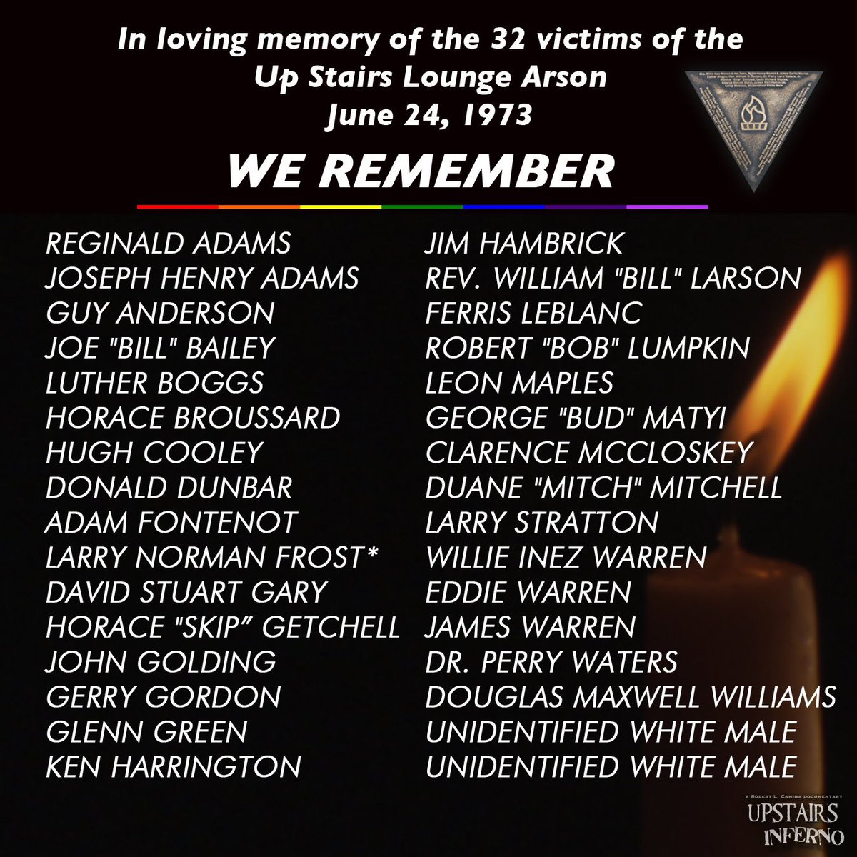 UpstairsInferno's tweet image. As we near the 50th anniv of the
#UpStairsLounge arson, let's remember the 32 victims.
June 24, 1973: an arsonist set fire to New Orleans #gay bar resulting in what was considered "The Largest Gay Mass Murder in U.S. History" for over 4 decades
Learn more: rb.gy/4tnlp