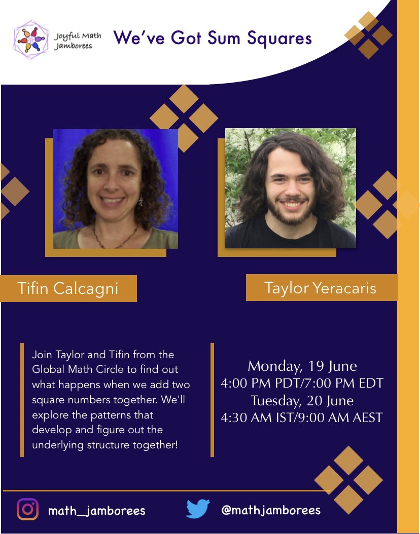 The next JMJ will be on June 19 4:00PM PDT/June 20 9:00AM AEST with Tifin Calcagni and Taylor Yeracaris! They’ll be presenting “We’ve Got Sum Squares!” This is going to be lots of math(s) fun! All are welcome!
<a href="/jamestanton/">James Tanton</a> <a href="/ejmgerber/">Elizabeth Gerber</a>

Registration: docs.google.com/forms/d/e/1FAI…