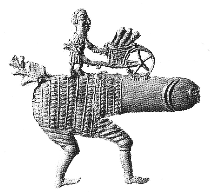 a medieval badge depicting a woman pushing a wheelbarrow full of phalluses across a giant phallus