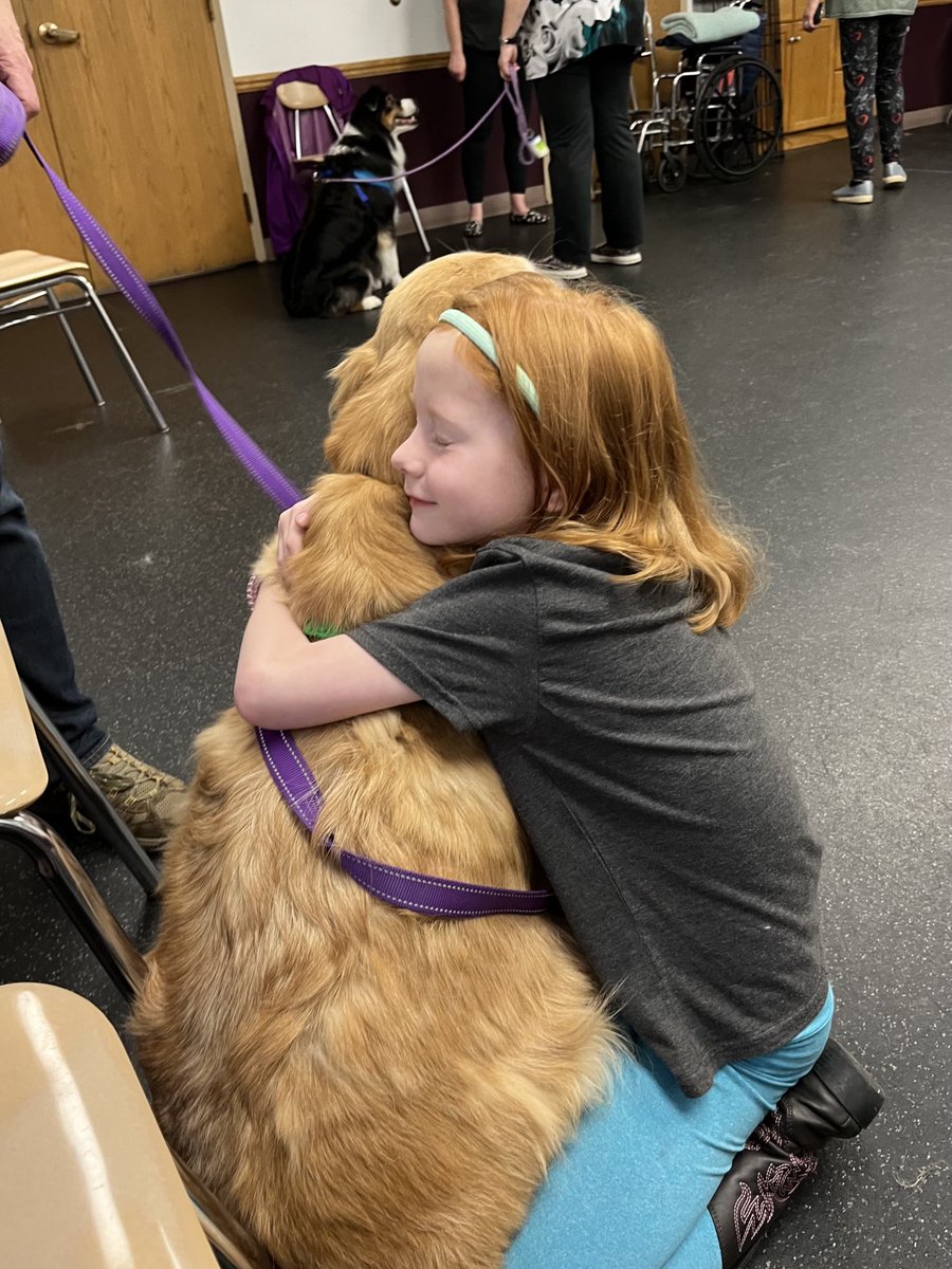 Our granddaughter hugs Sophie for good luck in her training class. #goldenretriever #dogs #therapydog #seniordog