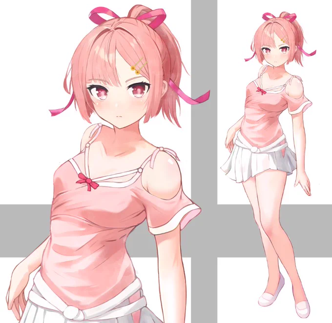 ゲーム制作、ヒロインその1、立ち絵イラストやっとしっくりきた(下絵+i2i+加筆)。髪型だいぶ迷ったわ……。完成稿かなこれで。キャライメージぴったり