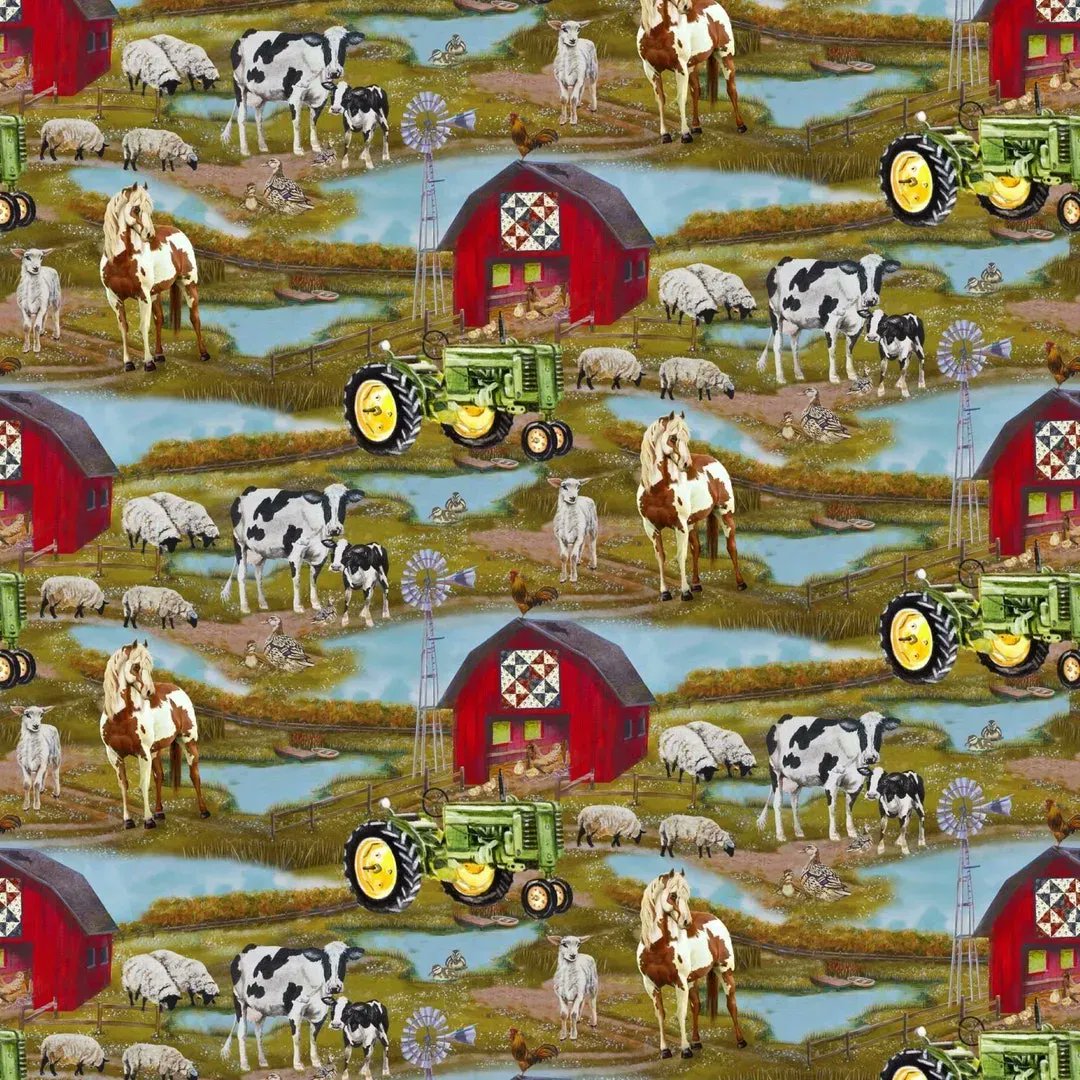 buff.ly/3miPuHW Down on the Farm Green Scenic by Lisa Sparling for Henry Glass Fabrics #cottonfabric #sewing #farmanimals #farmfabric #etsystore #etsyfinds #EtsySeller `