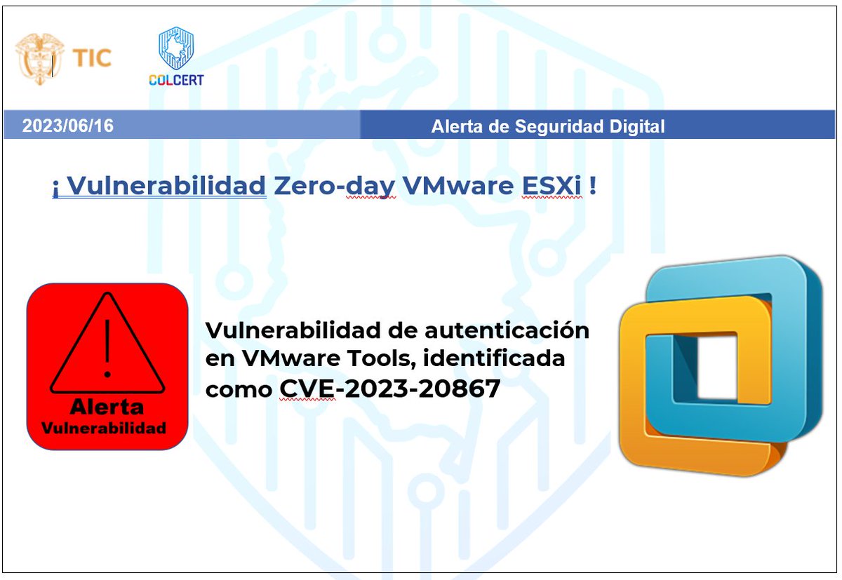 colCERT's tweet photo. 📢¡#alertadeseguridad! Vulnerabilidad Zero-day VMware ESXi, identificada como CVE-2023-20867 explotada por ciberdelincuentes chinos.
👉Leer noticia: https://t.co/Kg14kGzpI2 https://t.co/QgG8RRu9DU
