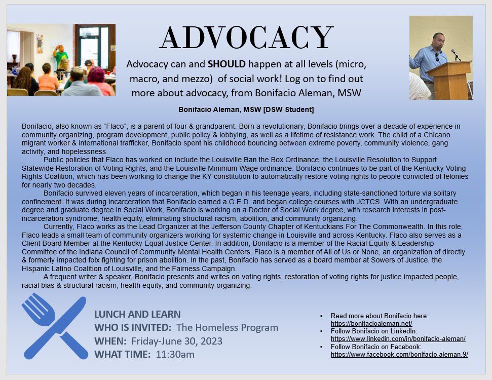 flacozbrain's tweet photo. I’m looking forward to talking with the #HomelessProgram staff at the #Louisville #VA about #Advocacy, #SystemicChange, #PeoplePower, & building #community, all through a lease of direct practice on the #micro, #mezzo, & #macro levels! #SocialWork #CommunityOrganizing https://t.co/NuMsJvDX8n