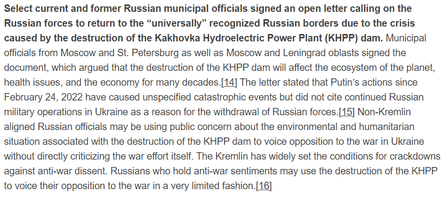 Select current and former Russian municipal officials signed an open letter calling on the Russian forces to return to the “universally” recognized Russian borders due to the crisis caused by the destruction of the #KakhovkaDam. isw.pub/UkrWar061623