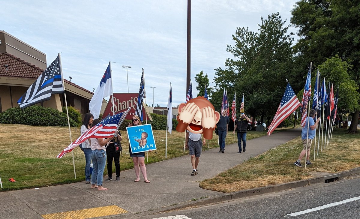In Oregon City flying some Pride flags to show some love and counter the religious right and the trumpholes, and they brought in a load of 'proud boys' to film and harass us. Funny how ready the 'Don't Tread On Me' folks are to do just that when you make them sad :(