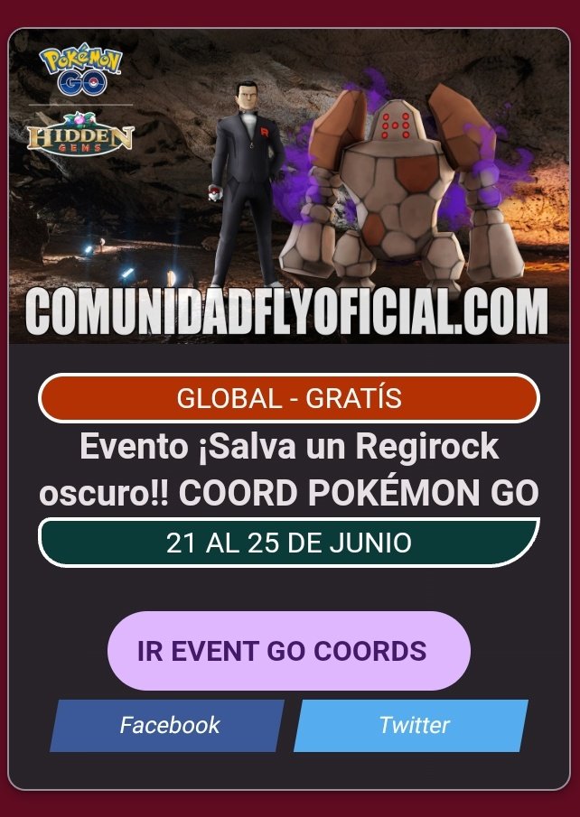ComunidadFlyOfi's tweet photo. 🔥 Evento : https://t.co/Svvl99SAiF
EVENTO ¡SALVA UN REGIROCK OSCURO!, COORDENADAS, HORARIOS Y DEBUT DE SHADOW REGIROCK Y GEODUDE ALOLA OSCURO / GIBLE OSCURO EN POKÉMON GO
#PokemonGo #ShadowRaids #regirockshadow #shadowregirock #comunidadflyoficial #PokeGo #spoofer https://t.co/0iktcrCnMO