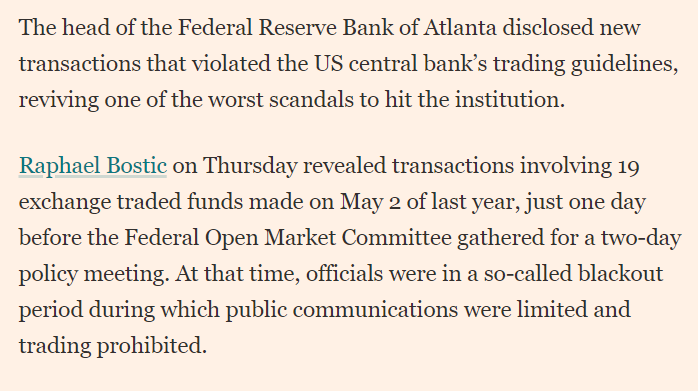 <a href="/FSCDems/">FSC</a> <a href="/SenateBanking/">Senate Banking and Housing Democrats</a> <a href="/SenSherrodBrown/">Sherrod Brown</a> <a href="/jeromehpowell/">jp</a> <a href="/SecYellen/">Secretary Janet Yellen (Archived)</a> <a href="/stlouisfed/">St. Louis Fed</a> <a href="/AtlantaFed/">Atlanta Fed</a> Congress, a little oversight please. 

"Atlanta Fed chief Raphael Bostic reports fresh trading violation"

archive.ph/kfkuo