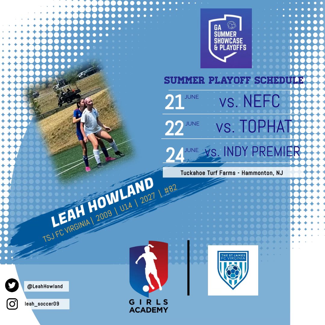 LeahHowland's tweet photo. Looking forward to my showcase debut with @GAcademyLeague and @TSJ_FCVirginia in New Jersey next week!

#TSJFCV
#GirlsAcademy
#GASummerShowcase
@bobbypup https://t.co/dWYjrQui9C