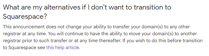 For those on #GoogleDomains and not wanting to move over to #squarespace, Google has updated their support page about it.
'About the Squarespace purchase of Google Domains registrations' support.google.com/domains/answer…