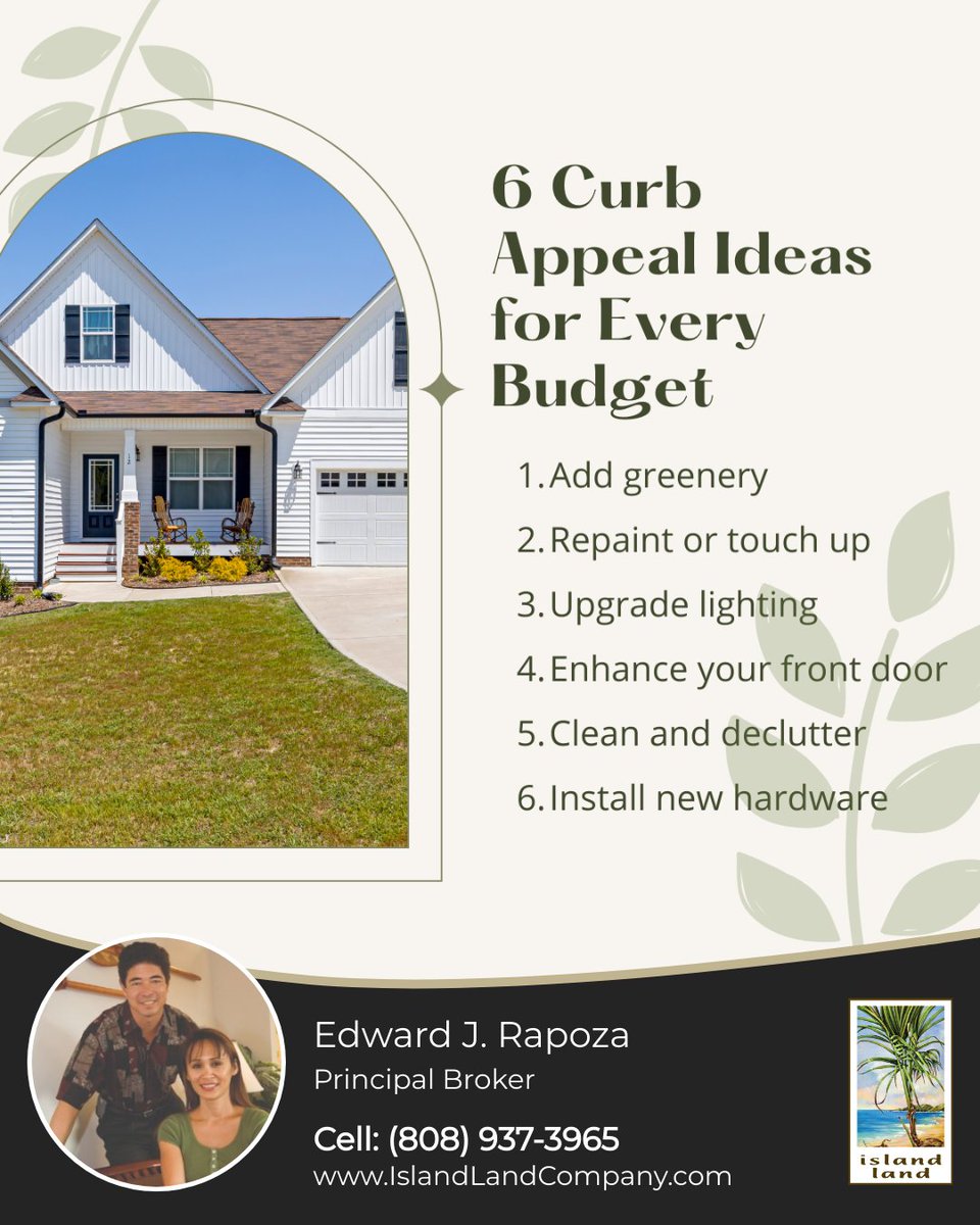 Boosting your home's curb appeal doesn't have to break the bank. Check out these 6 ideas for every budget!

Which curb appeal idea are you most excited to try?

#hawaiirealestate, #hawaiirealtors, #hawaiihomesforsale #luxuryvacationrentals