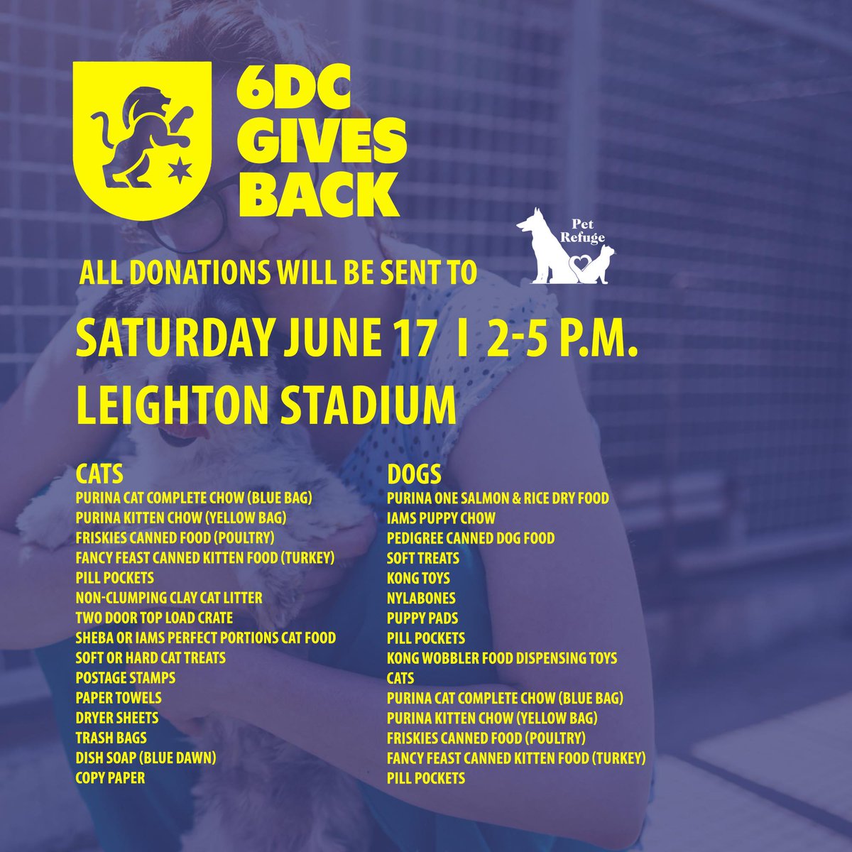 6DCGroup's tweet photo. TOMORROW!

It's our tailgate to benefit @PetRefugeInc from 2-5pm! 

Meet us at the Leighton Stadium parking lot before the @southbendlions host @mufcusl!

We will also have our scarves for sale! See YOU there!

#6dcgivesback
#wewantthesmoke https://t.co/oPOHtX6fAl