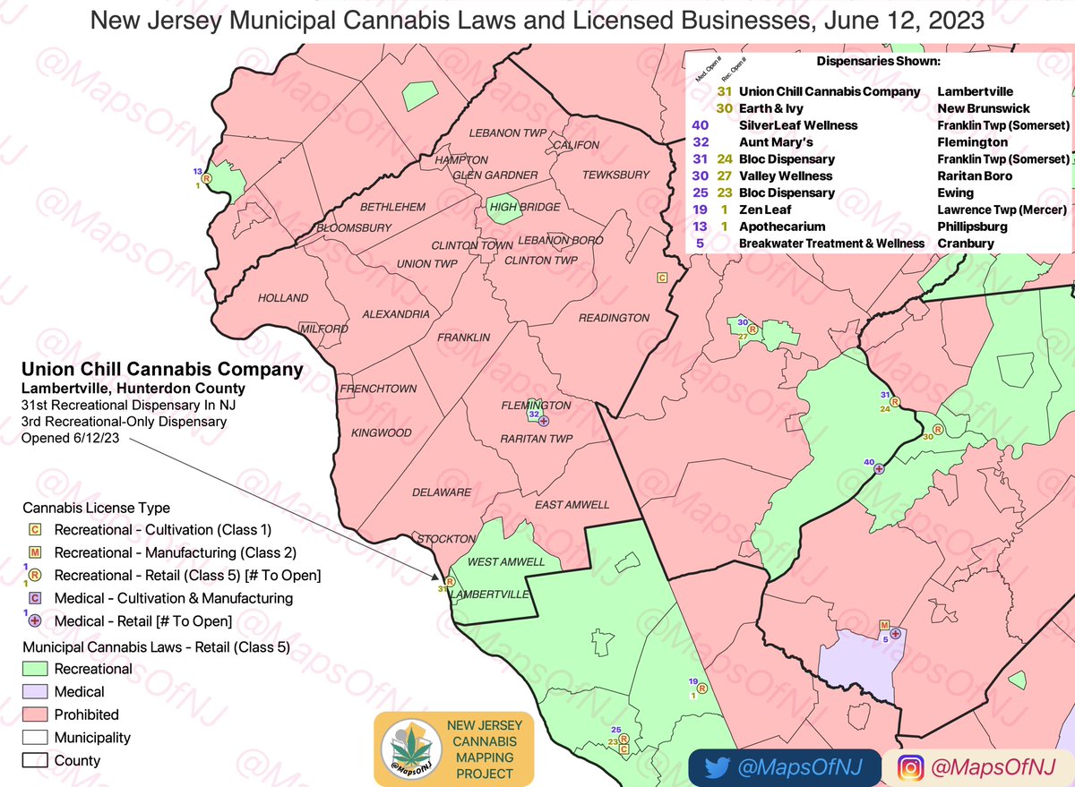 MapsOfNJ's tweet photo. #NJCannabisMap - June 12th 2023 Update

The Union Chill Cannabis Co / @union_chill has opened in #Lambertville! They become the 3rd Adult-Only Recreational business in #NJ, 1st in #Hunterdon County, and the 31st in the State!

Full-res: https://t.co/rdoJmU6ZaK 
#NJCannabis #Map https://t.co/yD1P6VGBGx