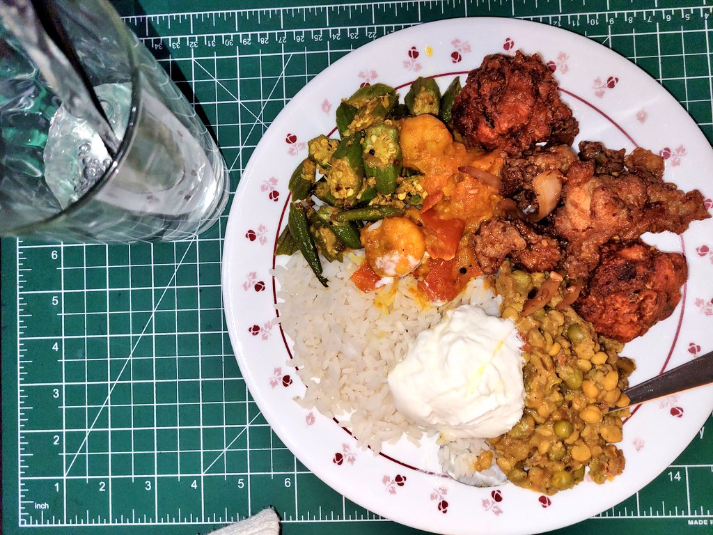 Dinner time ❤️💚 Massive Plate of homemade curry, okra, shrimp and take out Hakka food. Chili chicken is staple! Have a good one! 💚❤️ #Foodie #Foodies #dinnertime #TorontoEats #GoodEvening #HappyWeekend