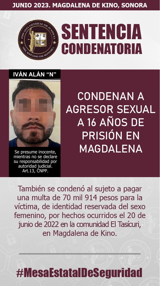 Condenan a agresor sexual a 16 años de prisión en #MagdalenaDeKino

La Fiscalía de Sonora investigó y obtuvo que el Juez dictara 16 años y 3 meses de prisión para Iván Alán “N.”, de 32 años, por el delito de violación agravada. 1/2