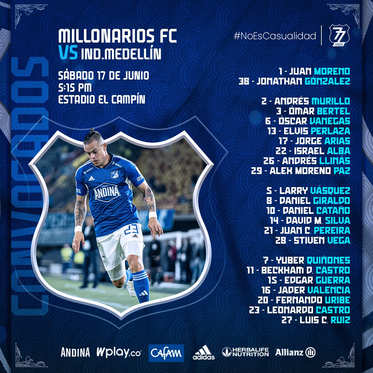 MillosFCoficial's tweet photo. ¡Por el tiquete a la Gran Final! ⚽️🔵🔝

El profe Gamero convocó a 23 jugadores para el juego frente al Medellín en El Campín.

¡VAMOS MILLONARIOS! 🏟️💙🔥 https://t.co/83x1G33nuG