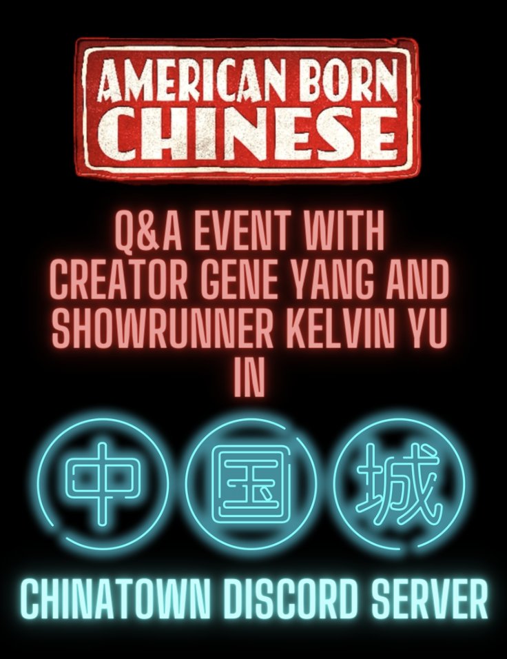 American Born Chinese showrunner and I are gonna be on the Chinatown Discord Server tomorrow 6/17 6pm PST! Join us! discord.gg/Nw3y7cE9vH?eve…