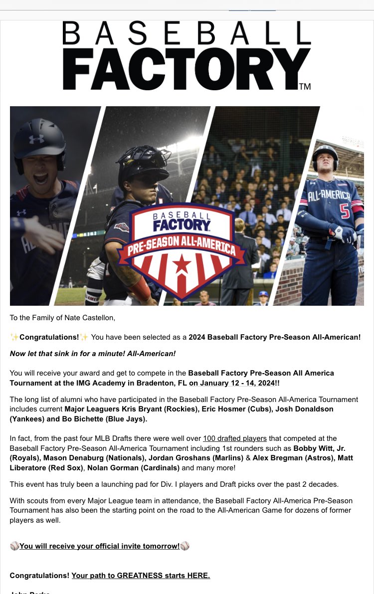 Honored to be named as a ⁦@BaseballFactory⁩ 2024 Pre-Season All American and invited to game and showcase ⁦@IMGAcademy⁩ in January.