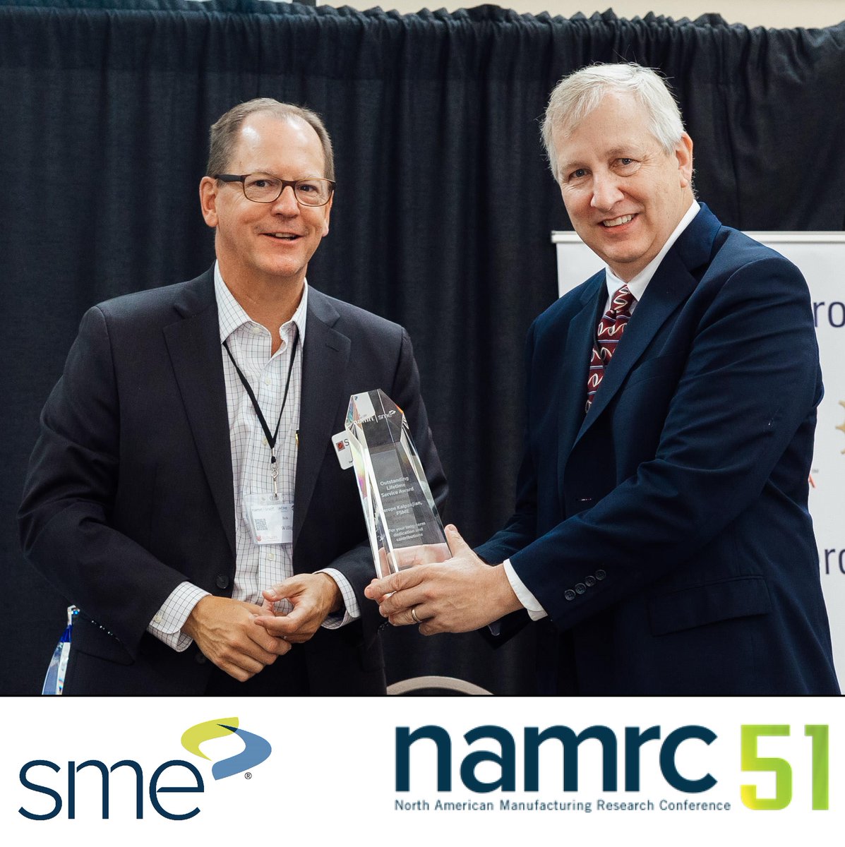 SME_MFG's tweet photo. The SME Outstanding Lifetime Service Award honors distinguished members for their long-term dedication and contributions to NAMRI. Congratulations to this year’s recipient, Serope Kalpakjian. Steve Schmid, PhD, PE accepted the award on his behalf. #NAMRC51 https://t.co/W4hJrZWECp https://t.co/KNnPYHlBiN