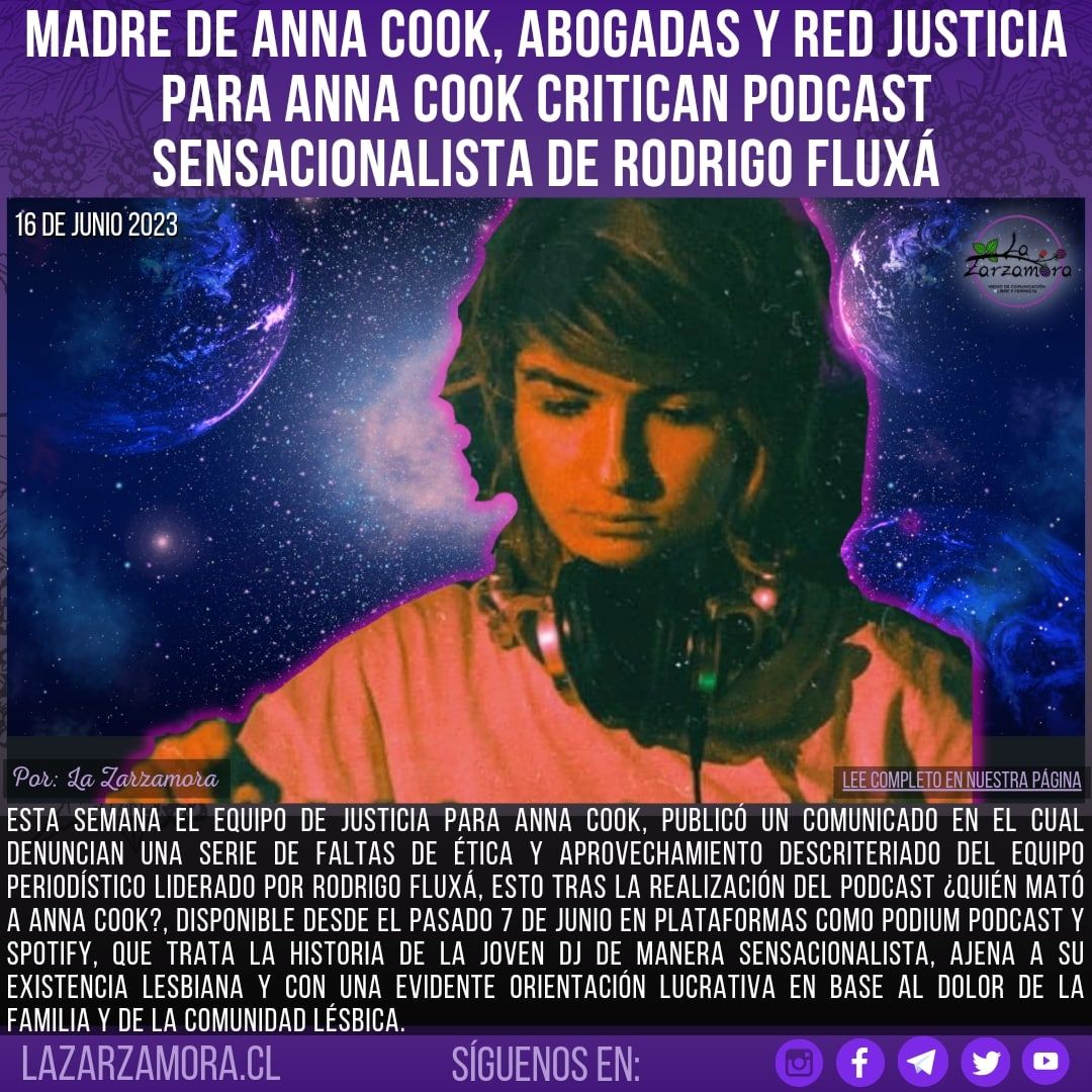 🔴MADRE DE ANNA COOK, ABOGADAS Y RED JUSTICIA PARA ANNA COOK CRITICAN PODCAST SENSACIONALISTA DE RODRIGO FLUXÁ
¿Quién mató a Anna Cook? 
Lee en lazarzamora.cl/?p=11219
<a href="/annacookmusic/">JUSTICIA PARA ANNA COOK</a>
#quienmatóaannacook #podcast #lesboodio #lesbianaresiste #existencilesbica