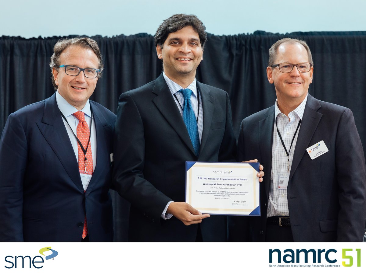 SME_MFG's tweet photo. The NAMRI | SME S.M. Wu Research Implementation Award was presented at #NAMRC51 yesterday, recognizing outstanding original research which, upon implementation, had a significant commercial and/or societal impact. Congrats Jaydeep Karandikar, PhD. https://t.co/gKn5fljwZM https://t.co/Qj8lDME2ix