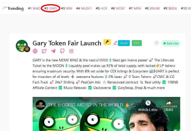 iamgarygecko's tweet photo. 🔥$GARY is #trending number 2 on PinkSale immediately after launch! Don't miss out!🔥

✅ Audit
✅ KYC
✅ 0% Taxes
✅ No Team Tokens
✅ Liquidity Locked
✅ Ownership Renounced

https://t.co/CTYRAbJwX3 #pinksale #NextPEPE #BSCGems #memecoin https://t.co/2YrMT8FS5p