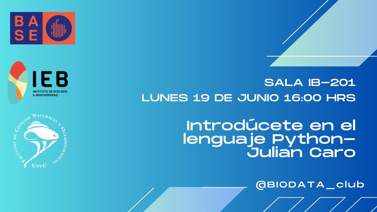 BIODATA_club (@biodata_club) on Twitter photo Ultima sesión del semestre, te invitamos a participar de nuestro taller, esta vez nos introduciremos al lenguaje de Python, a cargo de Julián Caro!
Comparte y no olvides asistir :)
<a href="/IEBChile/">Instituto de Ecología y Biodiversidad - IEB</a> <a href="/MilenioBASE/">Instituto Milenio BASE</a> Ultima sesión del semestre, te invitamos a participar de nuestro taller, esta vez nos introduciremos al lenguaje de Python, a cargo de Julián Caro!
Comparte y no olvides asistir :)
<a href="/IEBChile/">Instituto de Ecología y Biodiversidad - IEB</a> <a href="/MilenioBASE/">Instituto Milenio BASE</a>