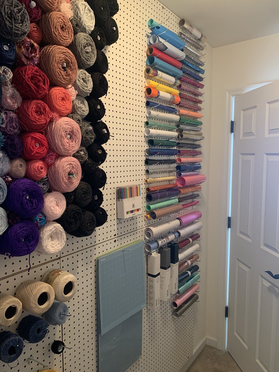Spent some time working in the craft room closet today. For any fellow craft nerds, please enjoy my Great Wall of Yarn (And Crochet Thread, And Cricut Vinyl) in progress 😀