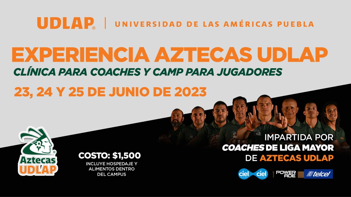 Les invitamos a asistir a la Clínica para coaches y Camp para jugadores impartida por los coaches de Liga Mayor de Aztecas UDLAP.
El costo es de 1,500 MXN e incluye hospedaje y alimentos dentro del campus <a href="/UDLAP/">UDLAP</a>.
Conoce más y regístrate en: elige.udlap.mx/experienciaFBA/
