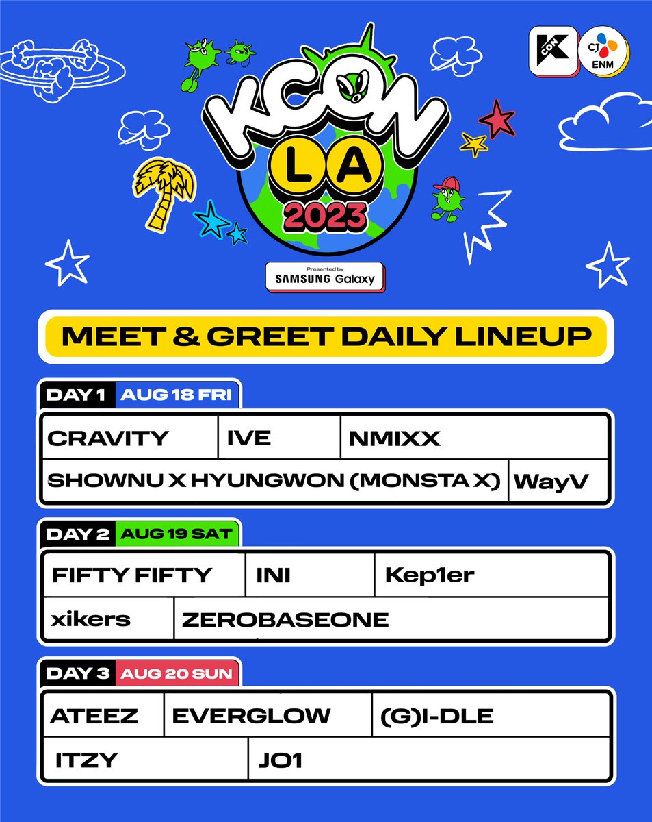 [ #KCONLA2023 ] MEET & GREET LINEUP✨

ⒹⒶⓎ ① 
#CRAVITY #IVE #NMIXX 
#SHOWNU_X_HYUNGWON #MONSTAX #WayV   

ⒹⒶⓎ ② 
#FIFTYFIFTY #INI #Kep1er #xikers #ZEROBASEONE   

ⒹⒶⓎ ③
#ATEEZ  #EVERGLOW #GIDLE #ITZY #JO1  

🎈 
KCON LA 2023 
8.18.~8.20.  
Let’s #KCON!