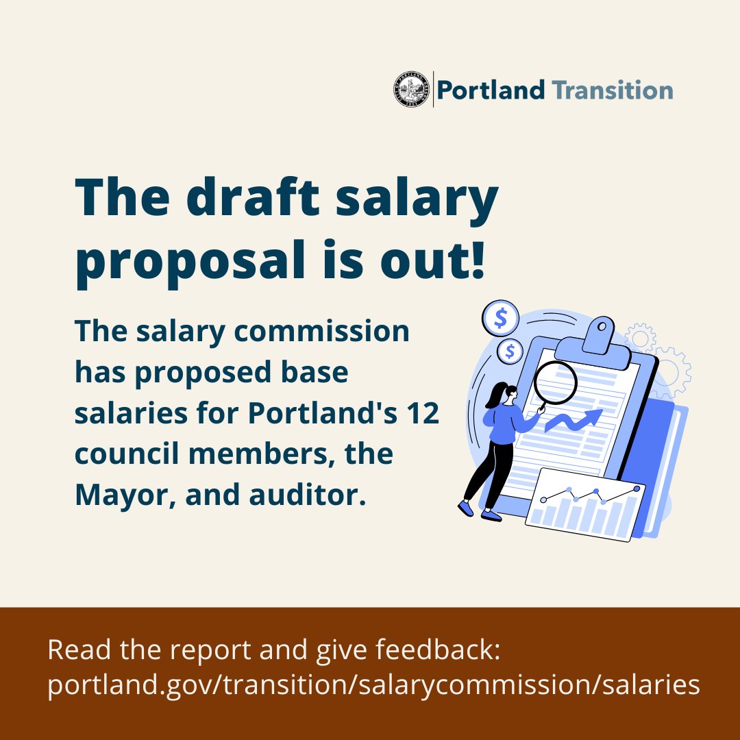 PortlandGov's tweet photo. The Salary Commission just released their proposed salaries report! These are the proposed salaries for Portland’s mayor, councilors, and auditor starting in 2025. Read the full report: https://t.co/x7QzSJEKkd #PortlandTransition #PortlandGov https://t.co/e3cAwph2hm