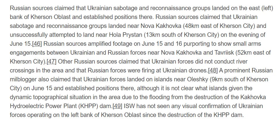 RU sources claimed UKR sabotage and reconnaissance groups landed on the east (left) bank of #Kherson Oblast and established positions there. 

ISW has seen no visual evidence of UKR forces operating on the left bank of Kherson Oblast since the destruction of the #KakhovkaDam.