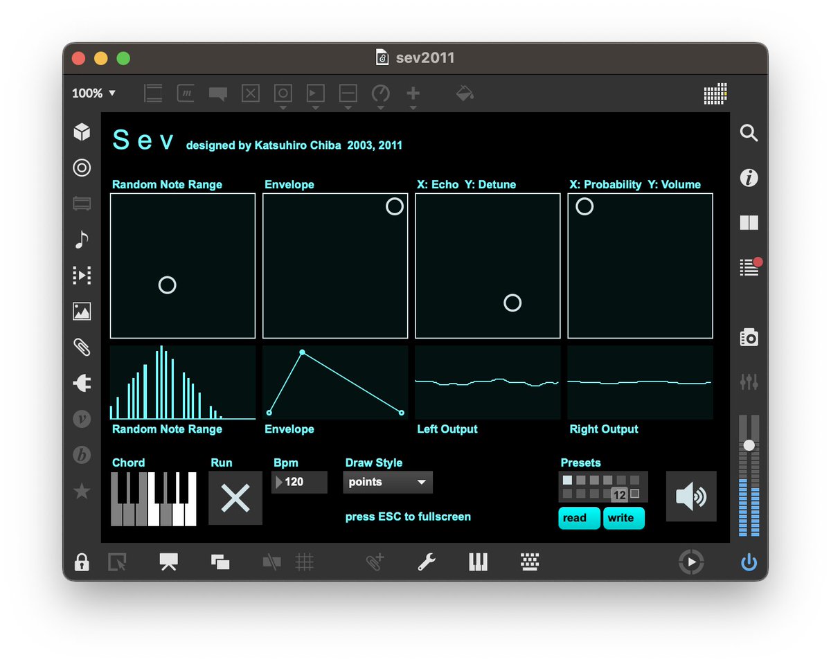 coton_tech's tweet image. coton/インビジの代表 松尾謙二郎による大阪芸大の授業では、サウンドアーティストのKatsuhiro Chiba @chi6a  さんをゲストにお招きし、Maxの魅力について語っていただきました！

Chibaさんの代表作の一つ「Sev」は今も健在です！

#coton #cycling74 #maxmsp