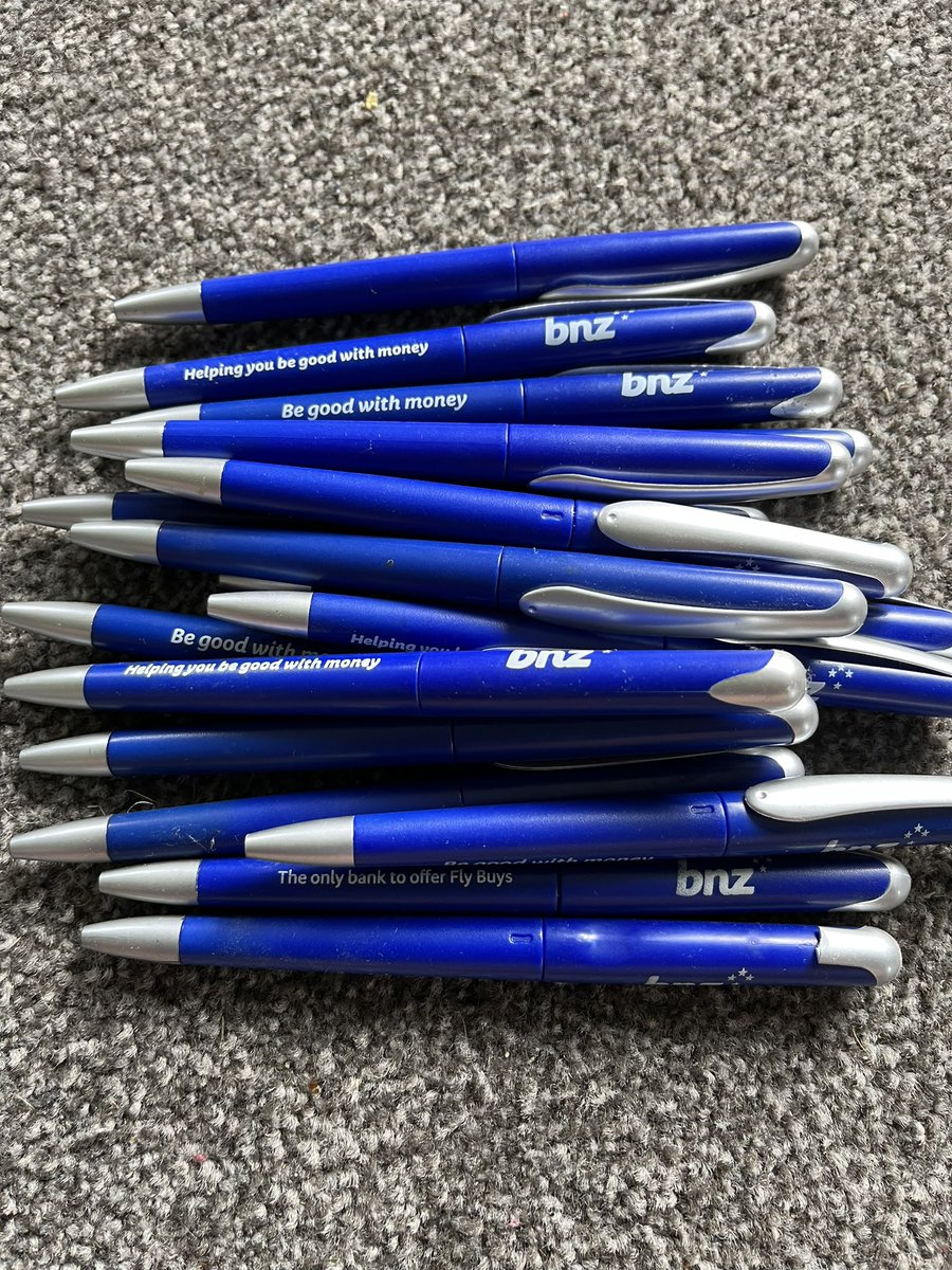 My late mother was notorious for taking pens every time she visited the bank. 
Reader, I have found 17 pens.