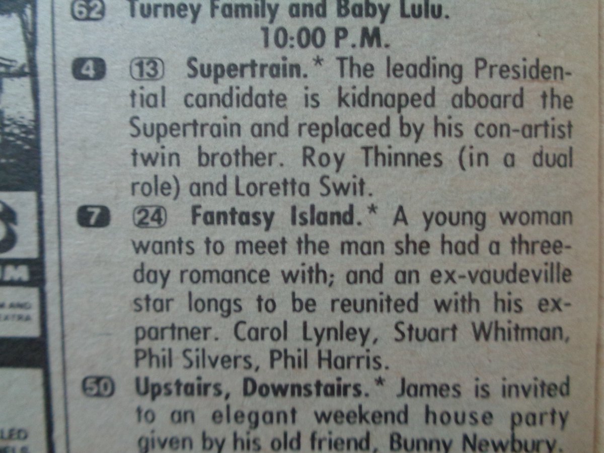 btoandbatbooks's tweet photo. TV Listing of Yore: Loretta Swit and Roy Thinnes appeared on "Supertrain" on NBC; and "Fantasy Island" was on ABC at 10PM EST #OTD in 1979.
#Supertrain #FantasyIsland https://t.co/EHuCSA9zIS