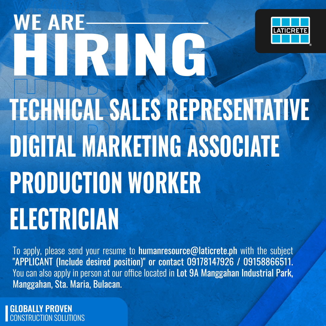 Attention Job Seekers! LATICRETE Philippines, Inc. is now hiring! 📣

Kindly email your updated resume to humanresource@laticrete.ph with subject: APPLICANT (include desired position)

#hiring #urgenthiring #jobalert #applynow #jobopenings #laticreteph