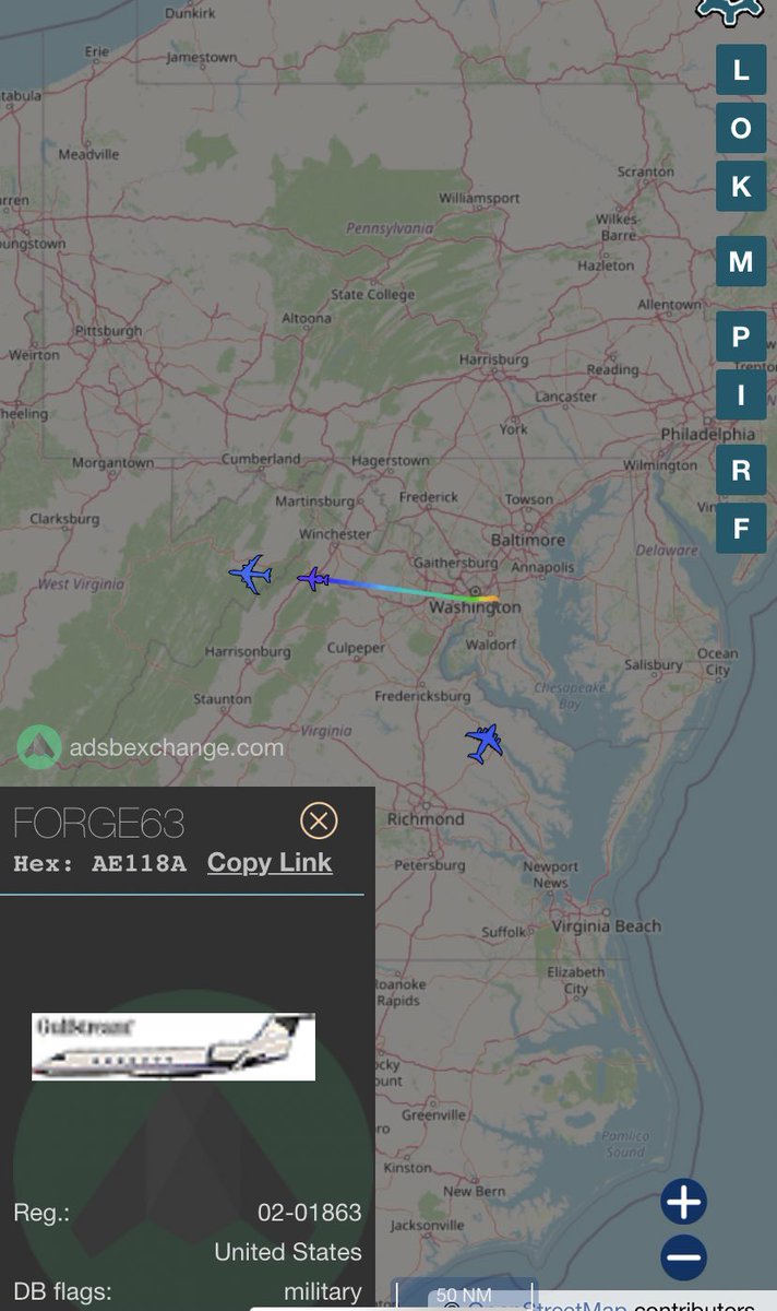 Callsign ORDER66 E-4B Doomsday Callsign FORGE63 Gulfstream 5 in tow
Leaving DC