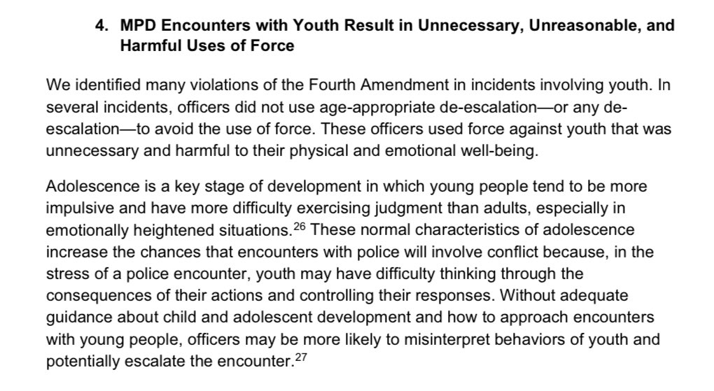 2/ Report finds that MPD & the City engage in a pattern or practice of conduct that violates the Constitution & federal law. These violations include: •excessive force, including unjustified deadly force & excessive less-lethal force.