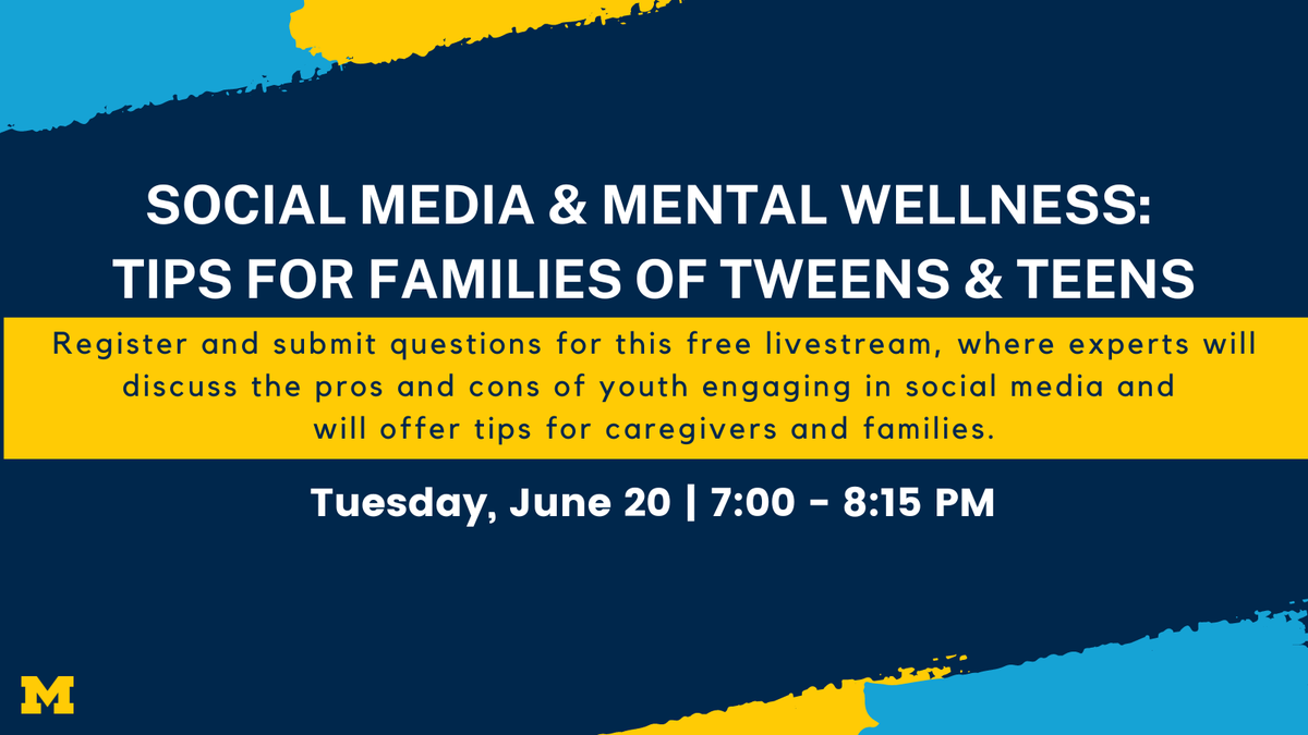 On June 20, @UMichMedicine is hosting a free virtual event where @MottChildren experts will discuss the impact of social media on youth and offer best practices for caregivers. For more information and to register: myumi.ch/x7J1q