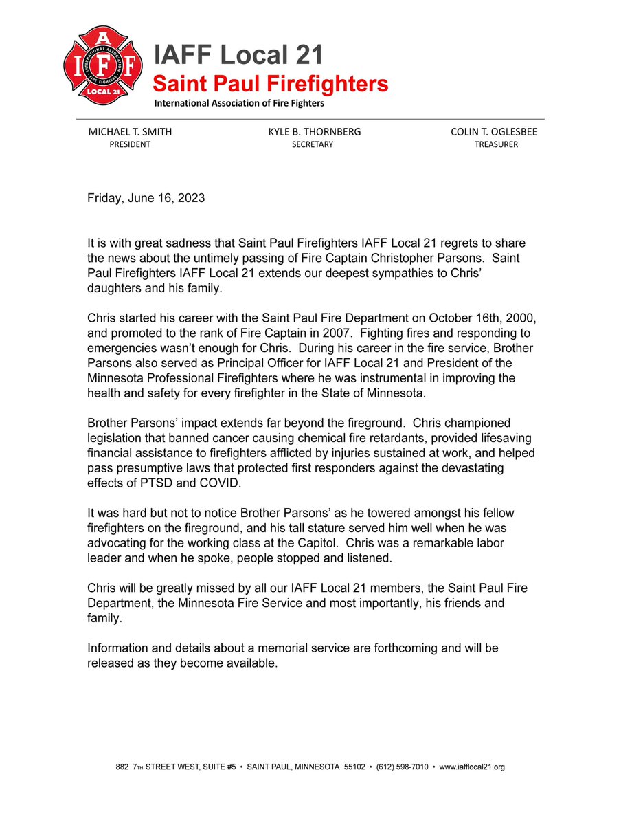 MnFIRE, along with the entire MN fire service, mourns the loss of St. Paul Fire Captain Chris Parsons. As a founding board member of MnFIRE, Chris' unparalleled support and drive was critical to the passage of the Hometown Heroes Act, which will forever be part of his legacy.