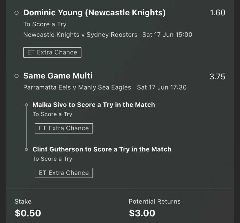 NRL Try Scorer Bets 🇦🇺🏉

Young has scored 14 tries in 12
Sivo has scored 16 tries in 14
Gutherson has scored 12 tries in 14

#NRL #dominicyoung #maikasivo #clintgutherson #betting #tips