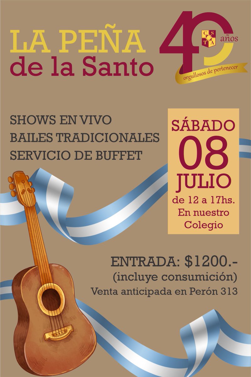 ColegioSTA's tweet photo. Lanzamos la primera de las propuestas para festejar nuestros primeros cuarenta años en la comunidad de Campana.

Las entradas se consiguen en la administración del colegio de manera anticipada. ¡Reserva tu lugar! https://t.co/Sbk9i29fsy